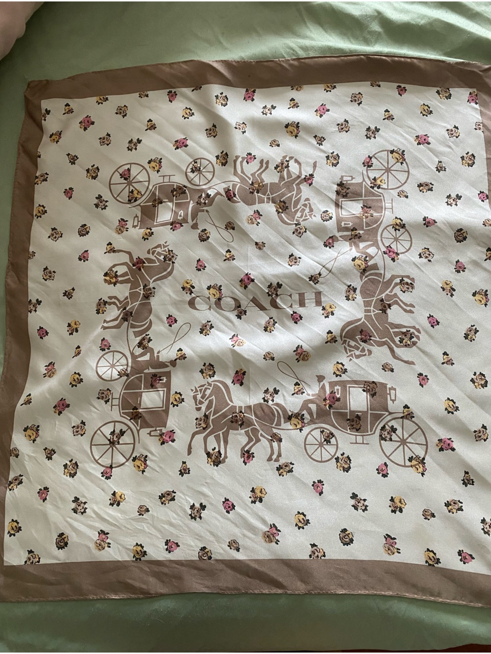 Coach Carriage-Print silk scarf in Cream and Brown with pink and yellow flowers